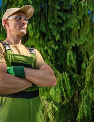 A man in a tan shirt and green overalls stands with his arms crossed. He gazes into the distance while positioned next to a large green tree. The sun is shining, and the setting is a well-kept yard.